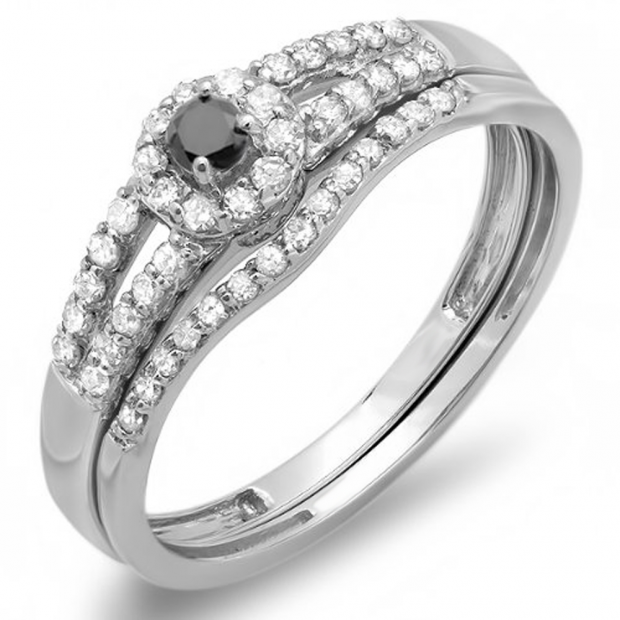 0.40 Carat (ctw) 18K White Gold Round Black And White Diamond Ladies Split Shank Halo Style Bridal Engagement Ring Matching Band Set