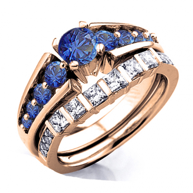 1.50 Carat (ctw) 14K Rose Gold Princess & Round White Diamond And Blue Sapphire Ladies Bridal Ring Set Engagement Set