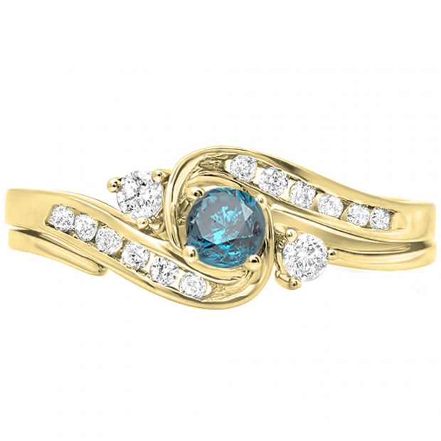 0.50 Carat (ctw) 10K Yellow Gold Round Blue And White Diamond Ladies Swirl Bridal Engagement Ring Matching Band Set