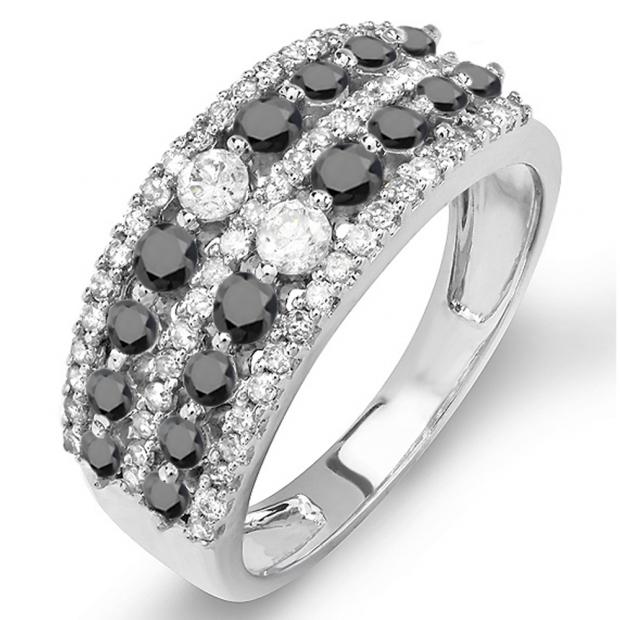 1.15 Carat (ctw) 18K White Gold Round Black And White Diamond Ladies Anniversary Wedding Band Ring