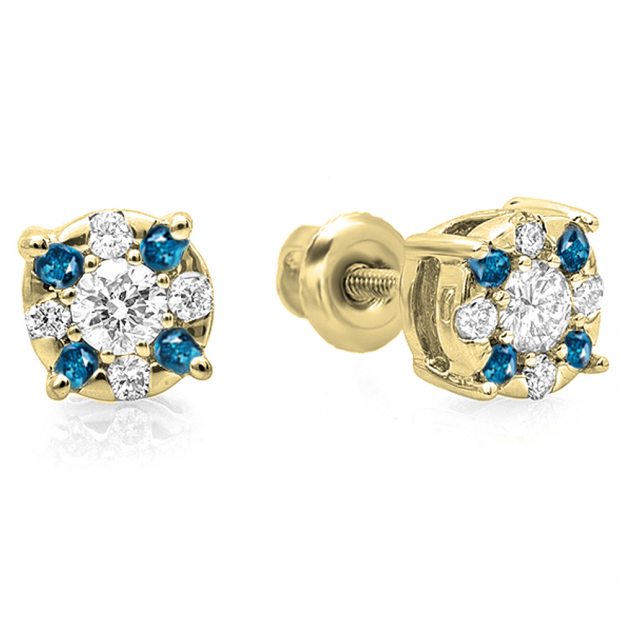 0.33 Carat (ctw) 14K Yellow Gold Round Cut Blue & White Diamond Round Shape Cluster Earrings 1/3 CT