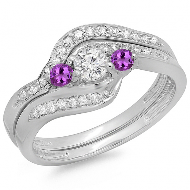 0.60 Carat (ctw) 14K White Gold Round Amethyst & White Diamond Ladies Swirl Style Bridal 3 Stone Engagement Ring With Matching Band Set