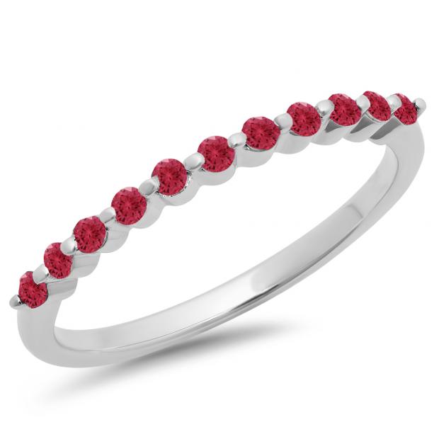 0.25 Carat (ctw) 10K White Gold Round Ruby Ladies 11 Stone Anniversary Wedding Stackable Band 1/4 CT