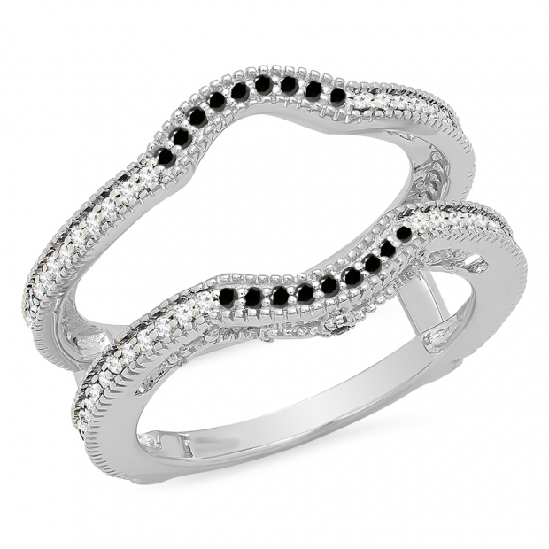 0.50 Carat (ctw) 10K White Gold Round Black & White Diamond Ladies Anniversary Wedding Band Enhancer Double Guard Ring 1/2 CT
