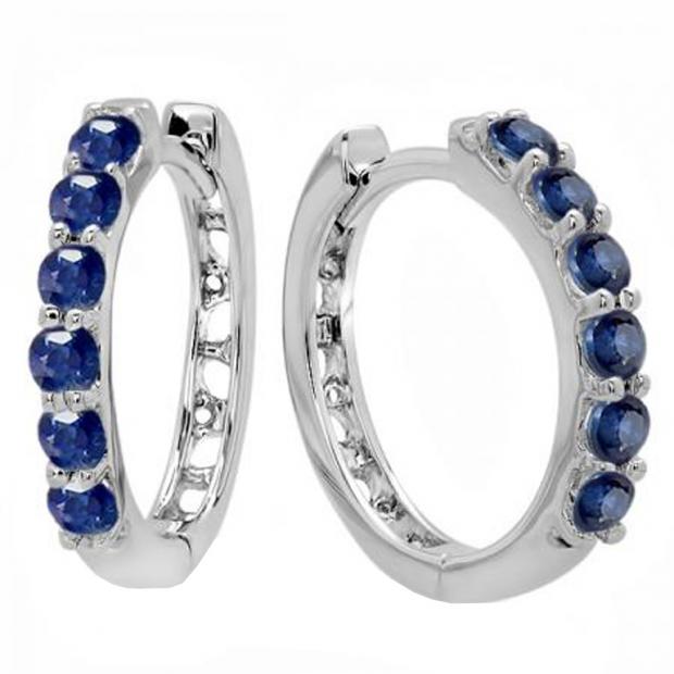 0.50 Carat (ctw) 14K White Gold Round Blue Sapphire Ladies Huggies Hoop Earrings 1/2 CT