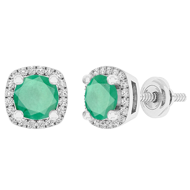 10K White Gold 5 MM Each Round Cut Emerald & White Diamond Ladies Halo Stud Earrings
