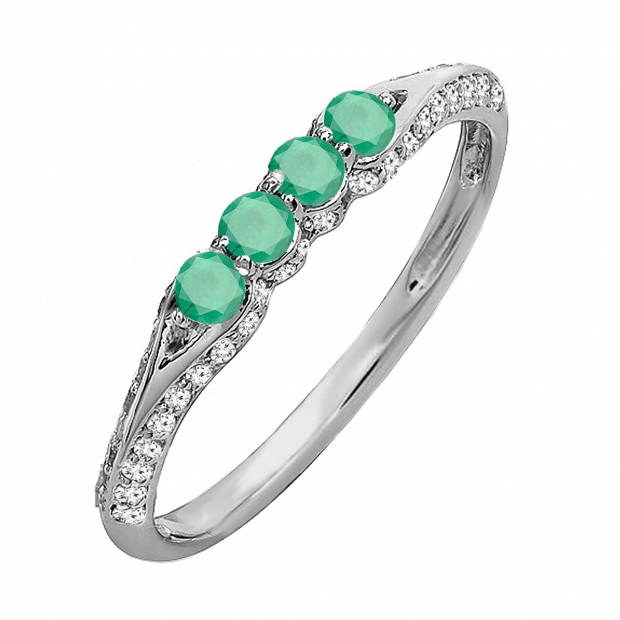 14K White Gold Round Emerald And White Diamond Ladies Anniversary Wedding Band Stackable Ring