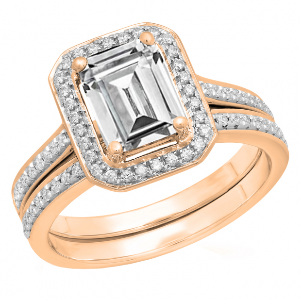 3.20 Carat (ctw) 10K Rose Gold Emerald & Round Cut White Cubic Zirconia Ladies Engagement Ring Set