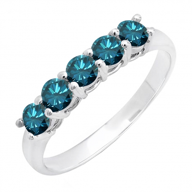 Dazzlingrock Collection 0.85 Cttw Round Blue Diamond 5 Stone Women Wedding Band in 10K White Gold