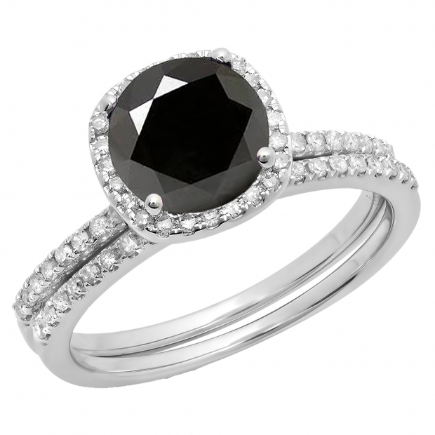 2.00 Carat (ctw) 14K White Gold Round Cut Black & White Diamond Ladies Bridal Halo Engagement Ring With Matching Band Set 2 CT