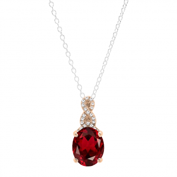 10x8mm Oval Garnet & Round White Diamond Infinity Solitaire Pendant Necklace for Women with 18 inch Silver Chain in 18K Rose Gold  