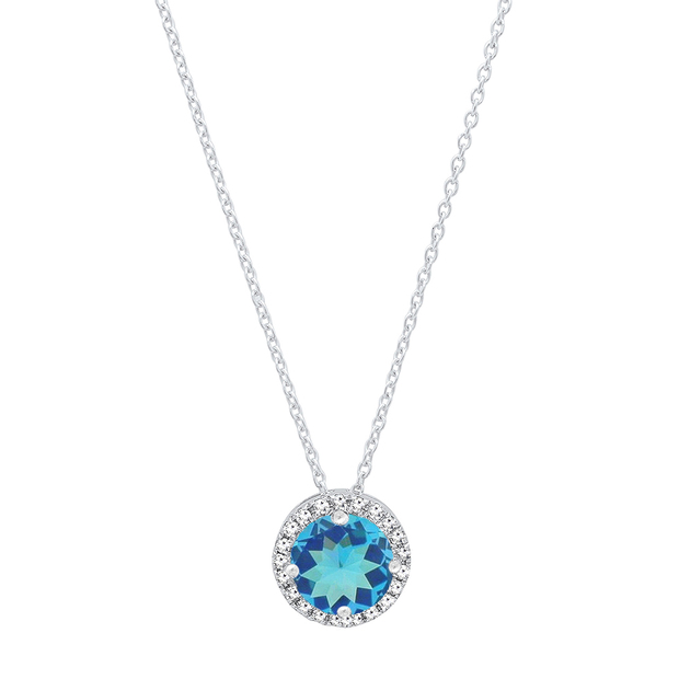 14K White Gold Blue Topaz 5.5 MM Gemstone & Diamond Ladies Halo Style Pendant