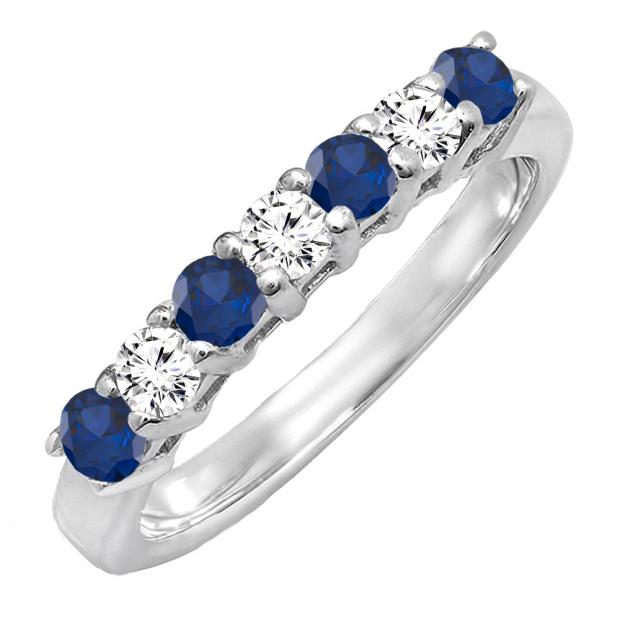 14K White Gold Round Cut Blue Sapphire And White Diamond Ladies Stackable Wedding Band