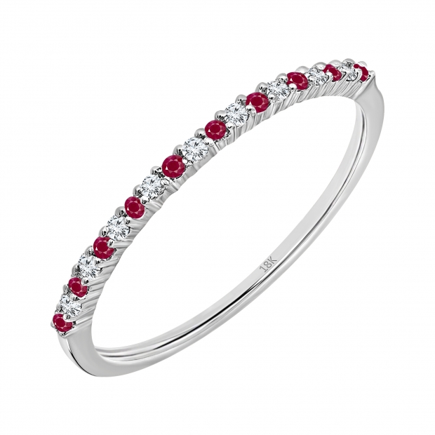 18K White Gold Round Ruby & White Diamond Ladies Anniversary Wedding Stackable Ring