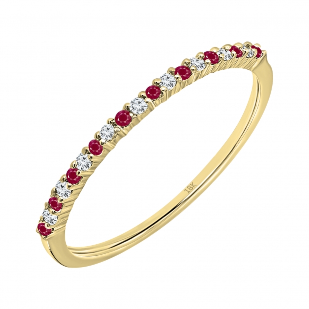 18K Yellow Gold Round Ruby & White Diamond Ladies Anniversary Wedding Stackable Ring