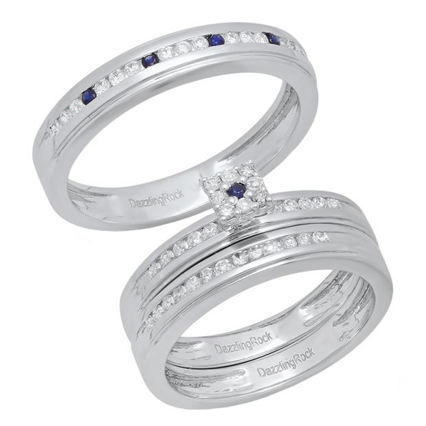 14K White Gold Round Blue Sapphire & White Diamond Men & Women