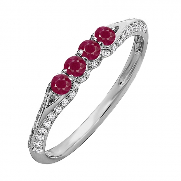 14K White Gold Round Ruby & White Diamond Ladies Anniversary Wedding Band Stackable Ring
