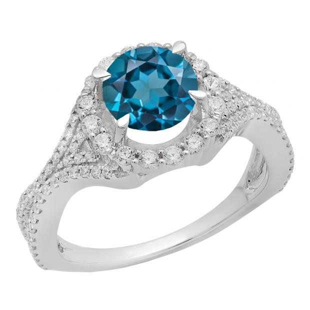 18K White Gold Round 7.5 MM London Blue Topaz & White Cubic Zirconia CZ Ladies Engagement Ring