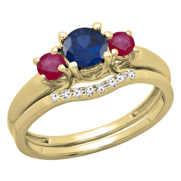 18K Yellow Gold Round 5 MM Blue Sapphire Ruby & White Diamond Ladies Bridal Engagement Ring Set