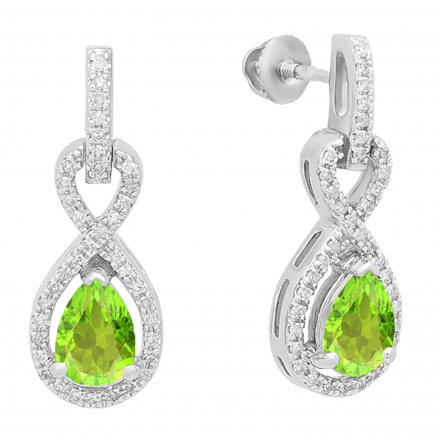 7X5 MM Pear Peridot & Round White Diamond Ladies Infinity Swirl Drop Earrings 14K White Gold