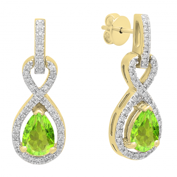 7X5 MM Pear Peridot & Round White Diamond Ladies Infinity Swirl Drop Earrings 14K Yellow Gold