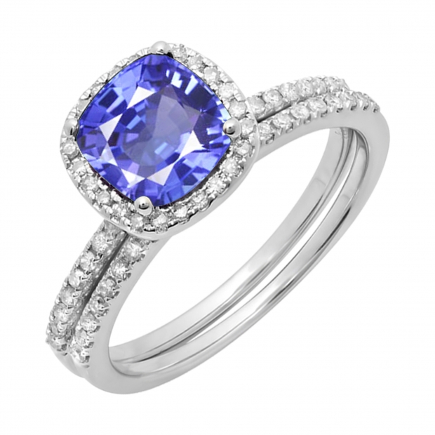 18K White Gold 7 MM Cushion Tanzanite & Round Diamond Ladies Bridal Engagement Ring Set