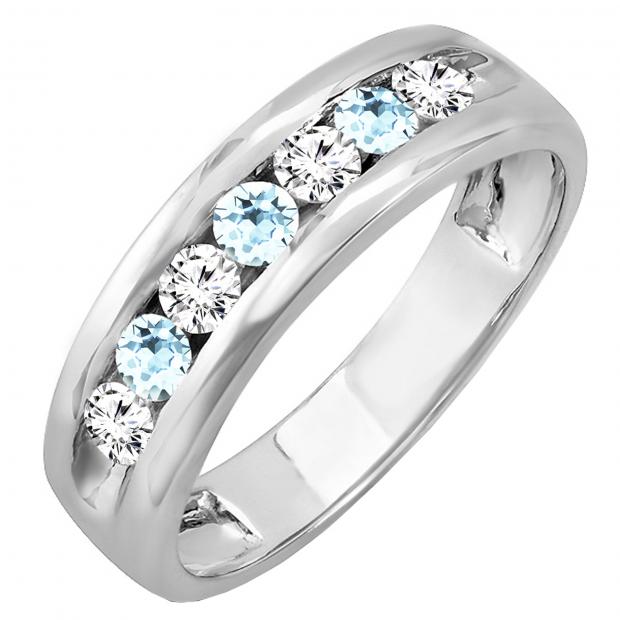 14K White Gold Round Aquamarine & White Diamond Men