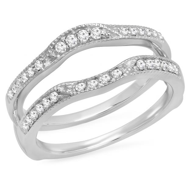 18K White Gold Round White Sapphire Ladies Wedding Band Enhancer Double Guard Ring
