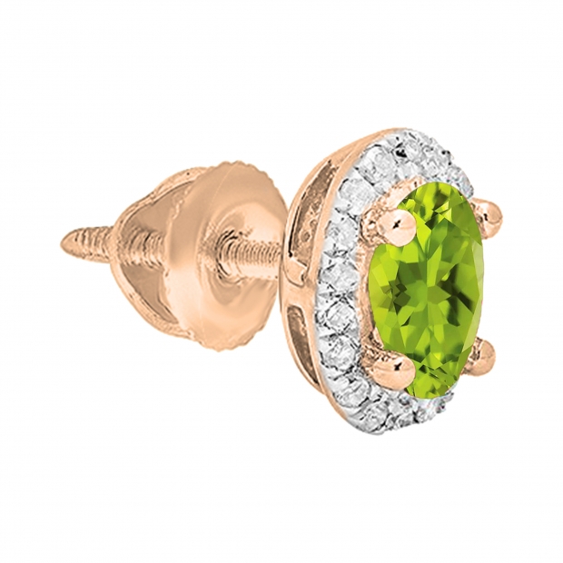 7x5mm Each Oval Peridot & Round White Diamond Halo Screw Back Stud Earring (1Pc Only) for Women in 14K Rose Gold