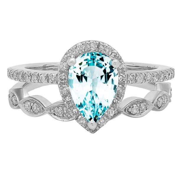 9X6mm Pear Aquamarine & Round White Diamond Halo Engagement Ring Band Set 14K White Gold