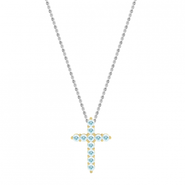 Round Aquamarine Cross Pendant with 18 inch Silver Chain for Her in 14K Yellow Gold