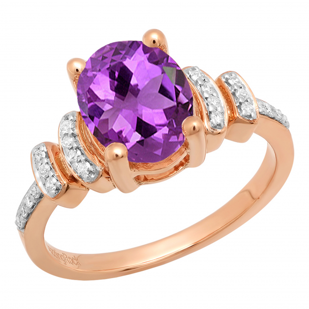 9X7 MM Oval Amethyst & Round White Diamond Ladies Bridal Engagement Ring 14K Rose Gold
