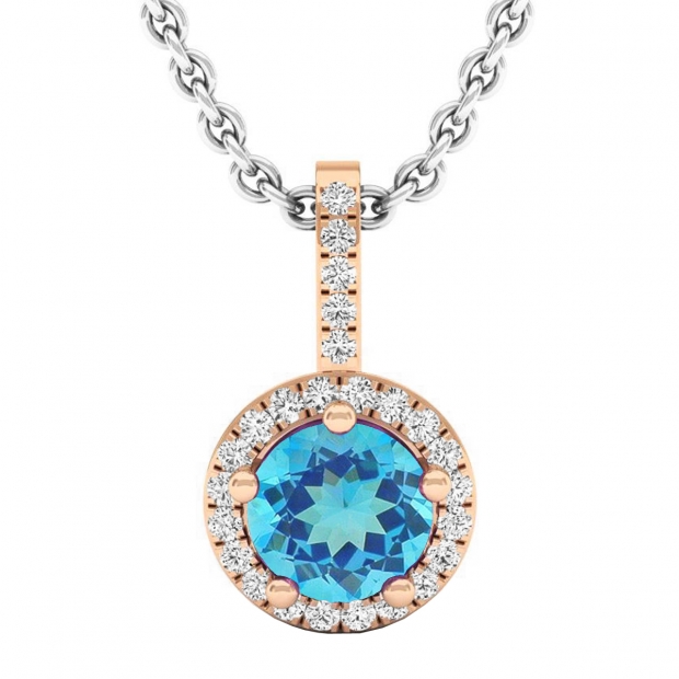 5mm  Round Blue Toapz & White Diamond Pendant Necklace for Women with 18 inch Silver Chain in 18K Rose Gold
