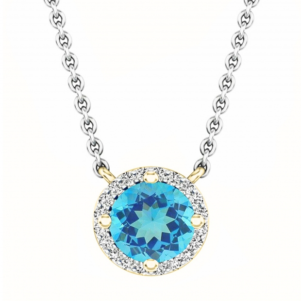7mm Round Blue Topaz & White Diamond Ladies Halo Fancy Pendant with Silver Chain in 18K Yellow Gold