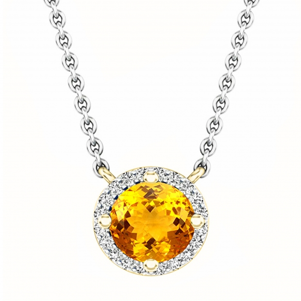 7mm Round Citrine & White Diamond Ladies Halo Fancy Pendant with Silver Chain in 18K Yellow Gold