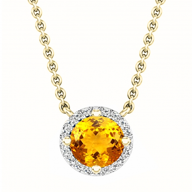 Round 7mm Citrine & White Diamond Halo Style Pendant for Women with Gold Chain in 18K Yellow Gold