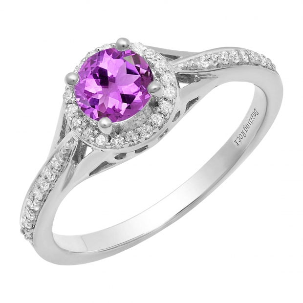 10K White Gold 5 MM Round Amethyst & White Diamond Ladies Halo Style Bridal Engagement Ring