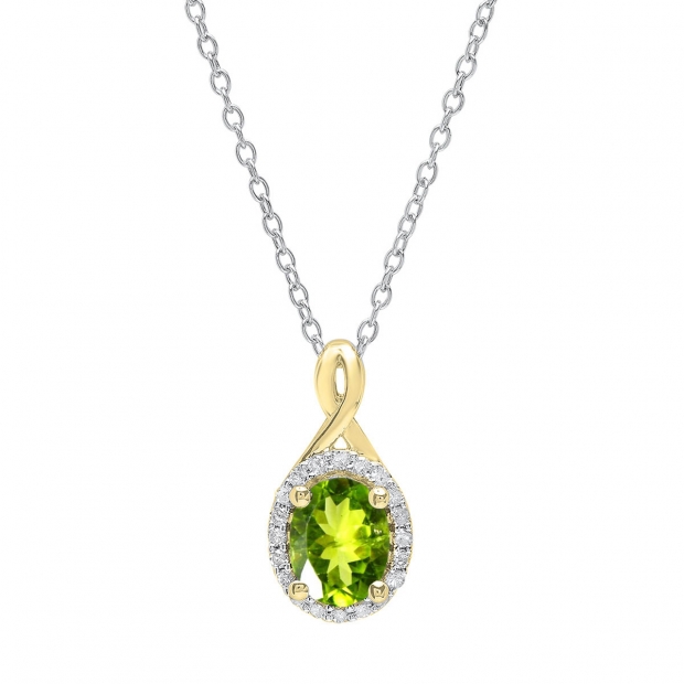 8X6mm Oval Peridot & Round White Diamond Women Halo Pendant Necklace for Women with 18 inch Silver Chain in 18K Yellow Gold