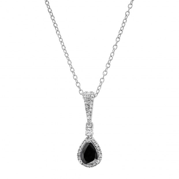 7x5mm Pear Black Sapphire & Round White Diamond Halo Teardrop Pendant Necklace with 18 inch Silver Chain for Women in 18K White Gold