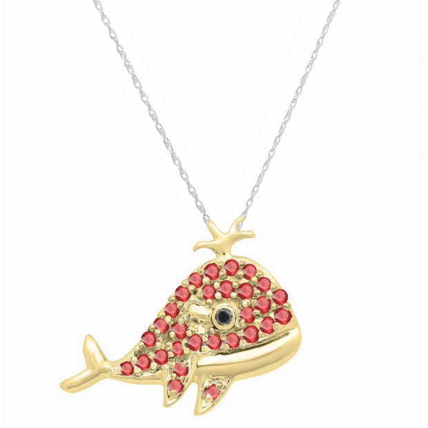 Round Ruby & Black Diamond Ladies Dolphin Pendant (Silver Chain Included), 18K Yellow Gold