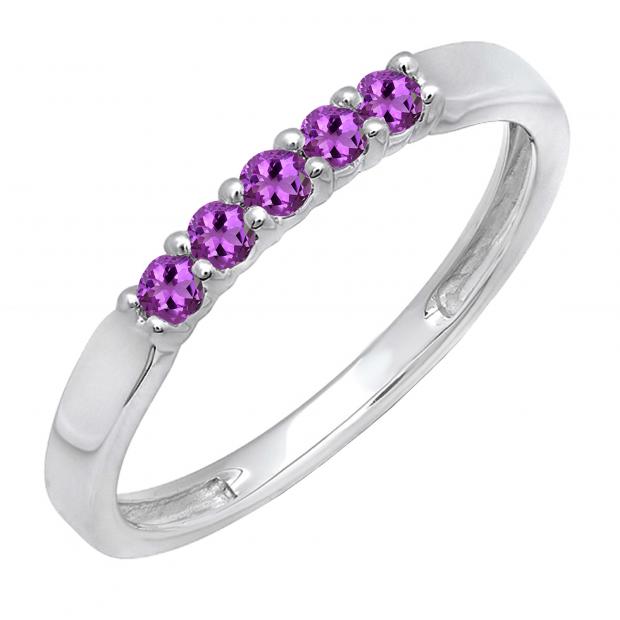 Round Amethyst 5 Stone Anniversary Wedding Band for Women (Color Purple Clarity Moderately Included) in 14K White Gold