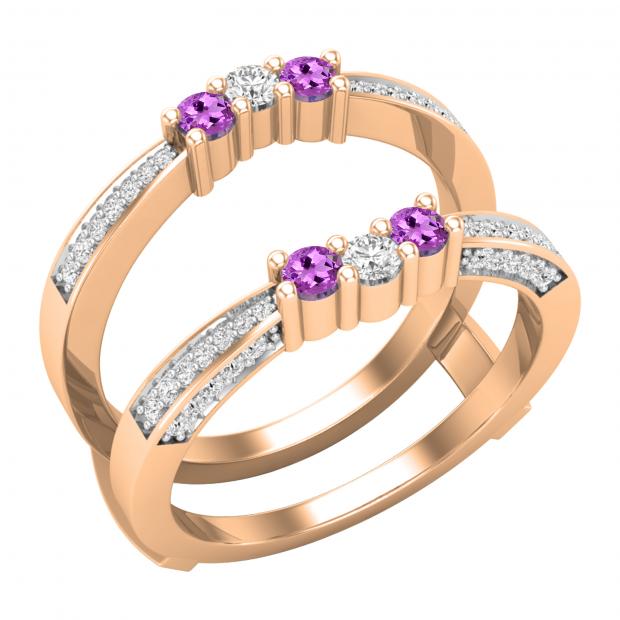 Round Amethyst and White Diamond Enhancer Double Wrap Guard Anniversary Band Ring for Women in 18K Rose Gold (White Diamond: 0.33 CT Color I-J Clarity I1-I2)
