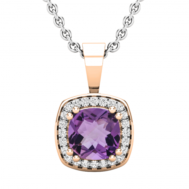 6mm Cushion Amethyst & 0.10 CT Round White Diamond Dainty Halo Pendant with 18 inch Silver Chain for Women in 14K Rose Gold