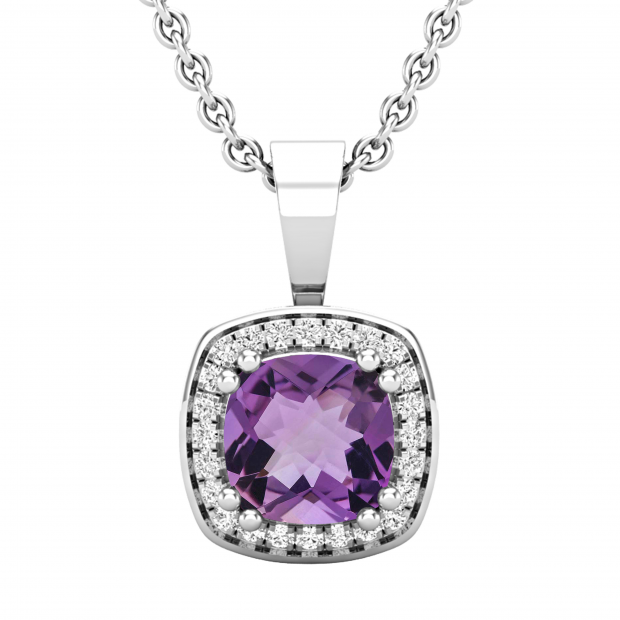 6mm Cushion Amethyst & 0.10 CT Round White Diamond Dainty Halo Pendant with 18 inch Silver Chain for Women in 925 Sterling Silver