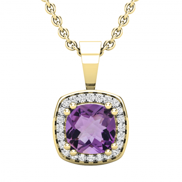 6mm Cushion Amethyst & 0.10 CT Round White Diamond Dainty Halo Pendant with 18 inch Gold Chain for Women in 10K Yellow Gold