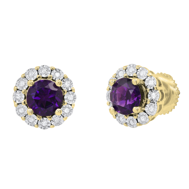 Round 5.5mm Each Amethyst & White Diamond Halo Illusion Set Screwback Stud Earrings for Women in 10K Yellow Gold