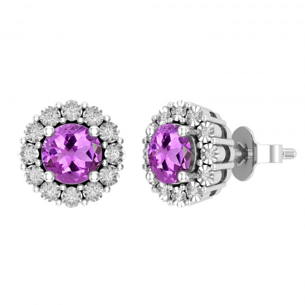 Round 5.5mm Each Amethyst & White Diamond Halo Illusion Set Pushback Stud Earrings for Women in 925 Sterling Silver