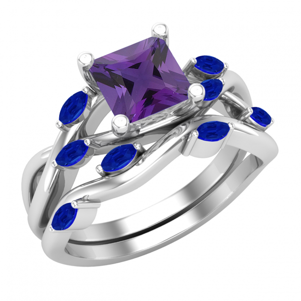 6mm Princess Amethyst and Marquise Blue Sapphire Criss Cross Ring with Matching Band for Women in 10K White Gold