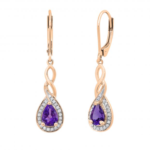 7x5mm Pear Shape Amethyst & Round White Diamond Classic Halo Swirl Style Lever Back Dangle Earrings for Women in 18K Rose Gold