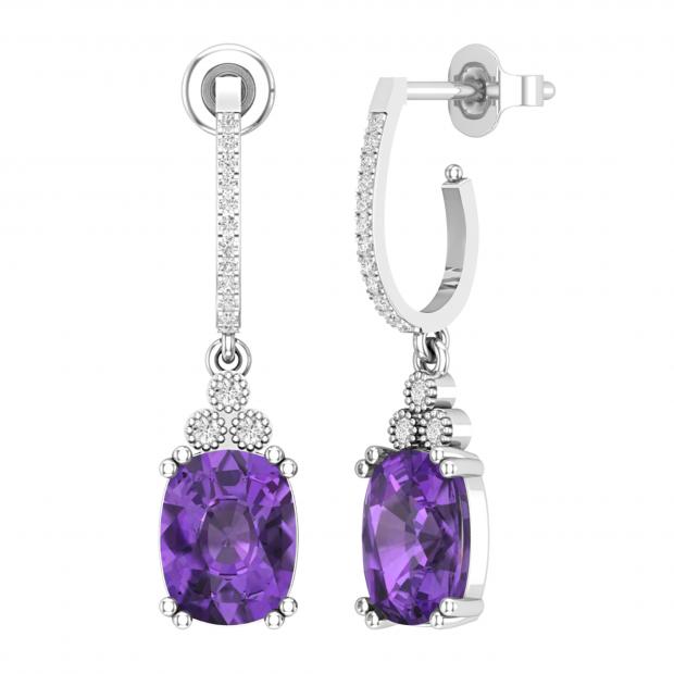 9x7mm Each Cushion Amethyst & Round White Diamond J-Shape Dangle Drop Earrings for Her in 925 Sterling Silver in Push Back